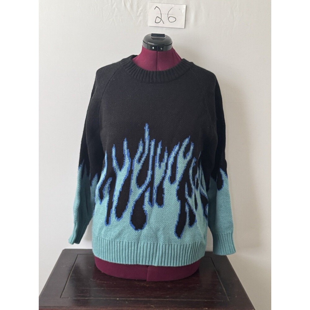 Blue Flame Knit Sweater Black Aqua Y2K Grunge Goth Streetwear Unisex Large